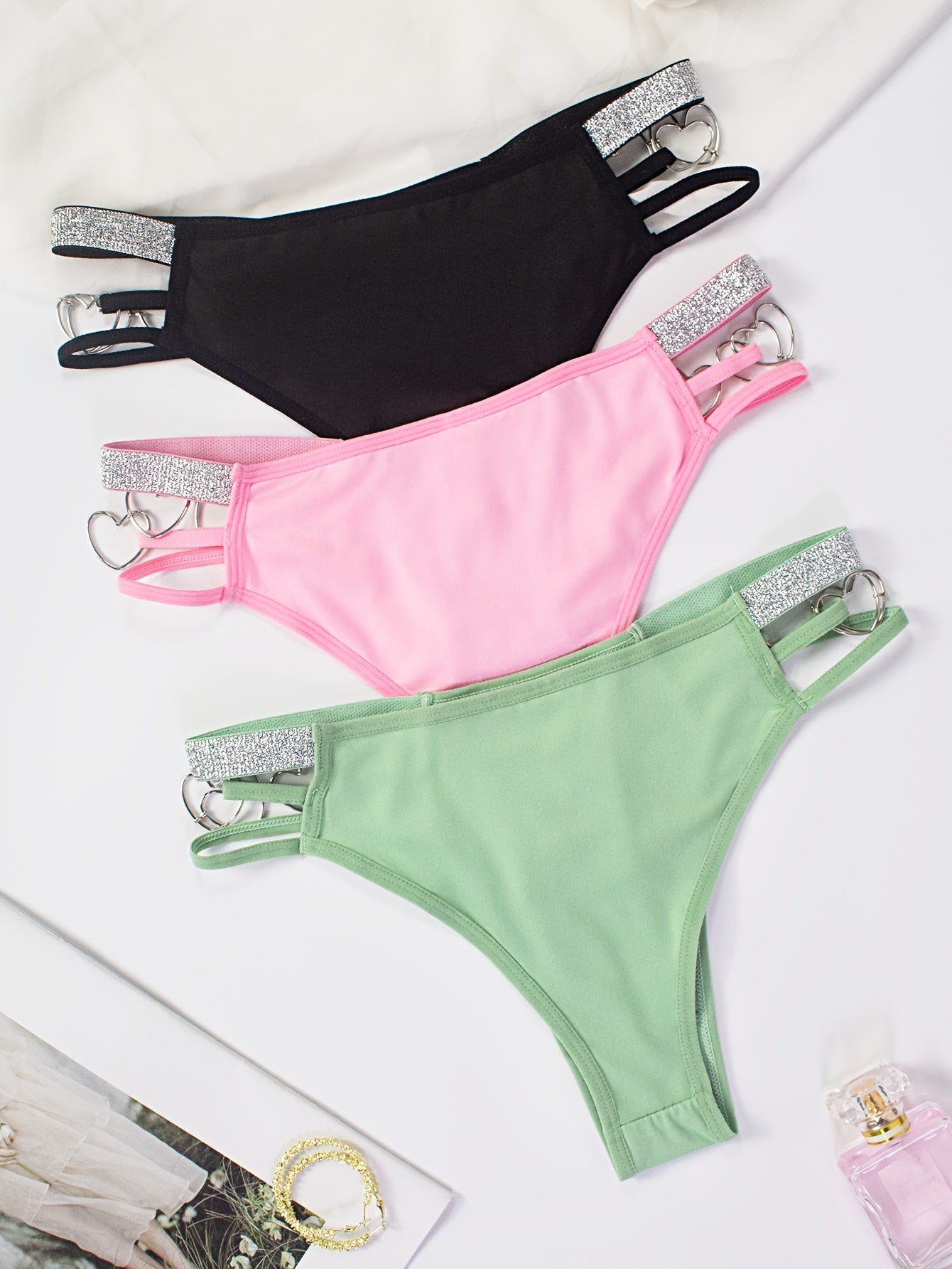 3pcs Heart Ring Linked Thongs, Hollow Out Low Waist Stretchy Panties, Women's Lingerie & Underwear