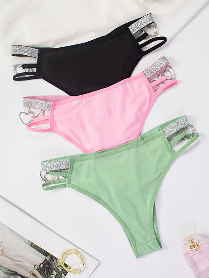 3pcs Heart Ring Linked Thongs, Hollow Out Low Waist Stretchy Panties, Women's Lingerie & Underwear