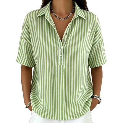 Women's Fashion Casual Striped Short-Sleeve Shirt With Lapel Collar