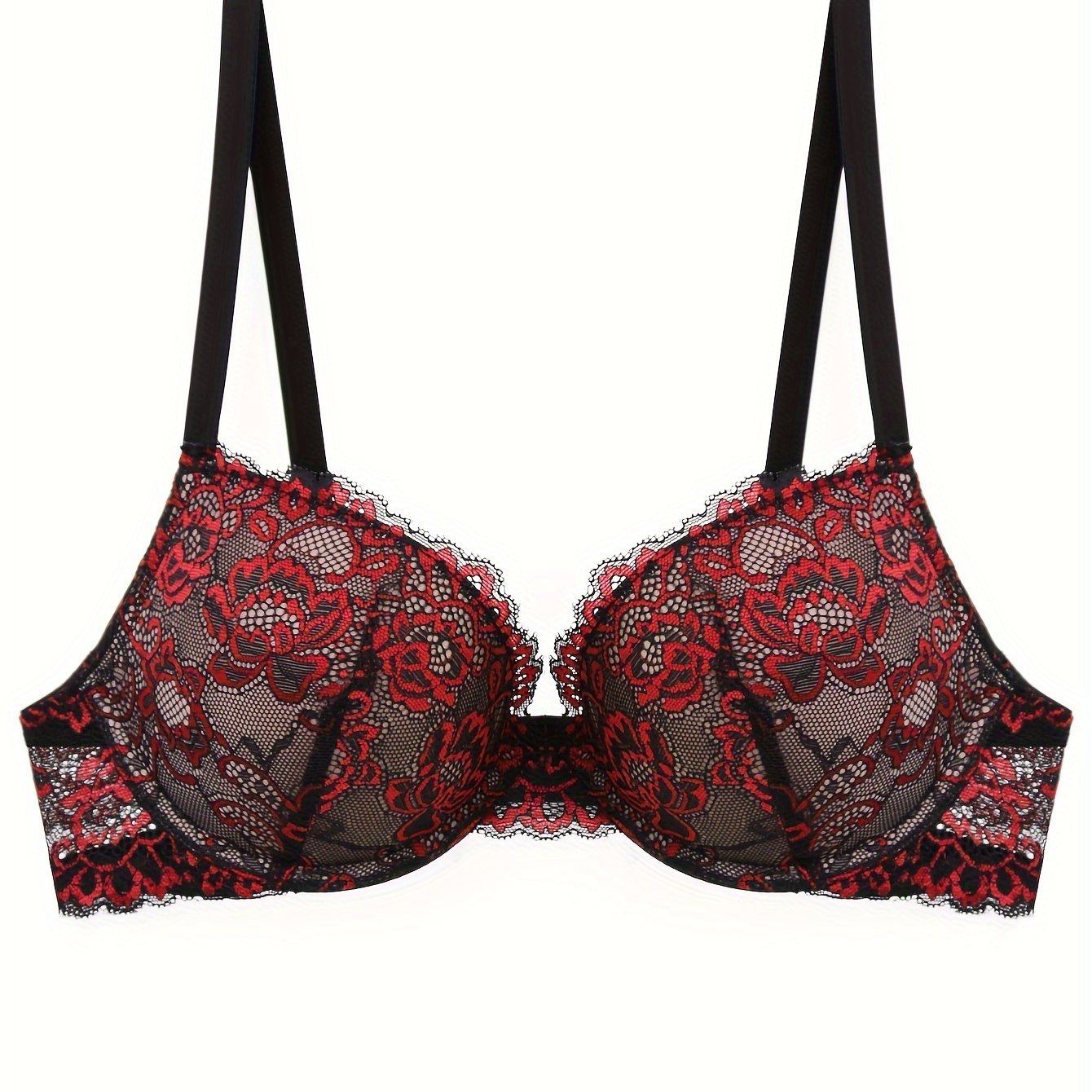 Floral Embroidery Lace Bra, Retro Push Up Underwire Bra, Women's Lingerie & Underwear