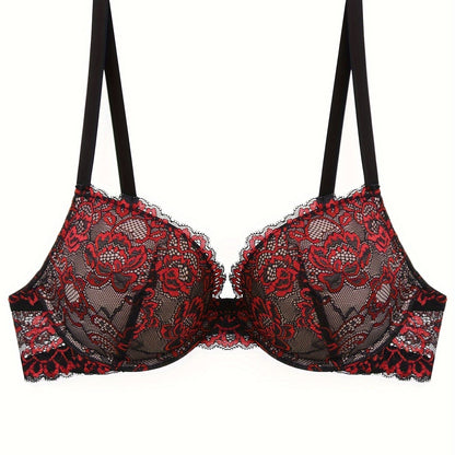 Floral Embroidery Lace Bra, Retro Push Up Underwire Bra, Women's Lingerie & Underwear
