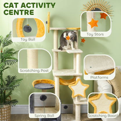 63 Inch Moon and Star Themed Cat Tree with Scratching Post, Hammock, Condo, Bed, Scratching Board & Cat Toys, Beige