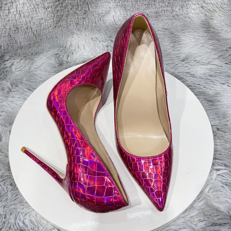 Tikicup Rose Laser Crocodile Effect Women Pointy Toe High Heel Party Dress Shoes Sexy Ladies Shiny Stiletto Pumps 8cm 10cm 12cm