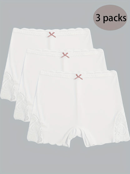 3pcs Contrast Lace Boyshort Panties, Seamless Scallop Trim Bow Tie Panties, Women's Lingerie & Underwear