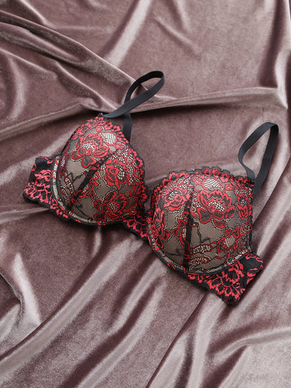 Floral Embroidery Lace Bra, Retro Push Up Underwire Bra, Women's Lingerie & Underwear