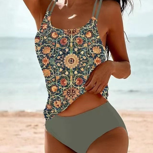 Printed split high waisted swimsuit