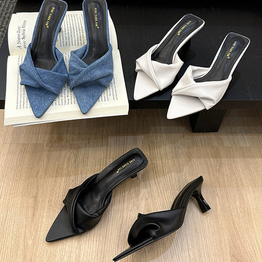 Hlieny Fashion Pointed Toe Denim Mule Slippers Woman Brand Design Kitten Heel Sandals Ladies Elegant Shallow Dress Slide Shoes