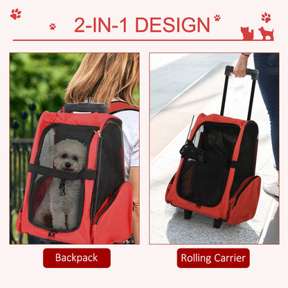 PawHut Pet Travel Backpack Bag Cat Puppy Dog Carrier W/ Trolley And Telescopic Handle Portable Stroller Wheel Luggage Bag (Red)