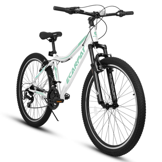 A26208 Ecarpat 26 Inch Mountain Bike, 21-Speed V-Brake, Front Suspension, Carbon Steel Frame Mountain Bike For Teenagers Girls Women Bicycles