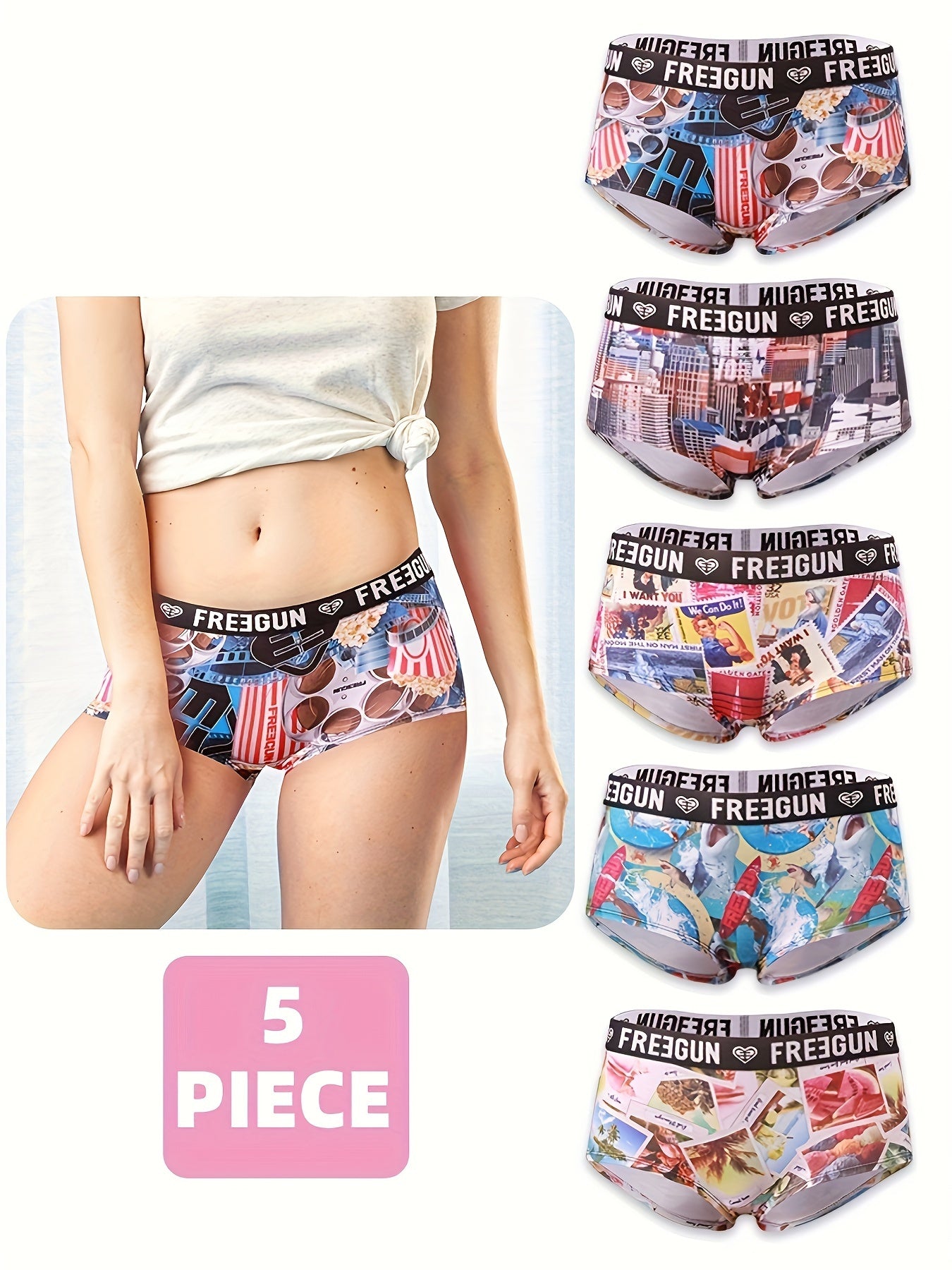 5pcs Soft & Comfortable Cartoon Print Boy Shorts - Women's Lingerie & Underwear with Cute Designs, Breathable Fabric, and Relaxing Fit for Everyday Wear