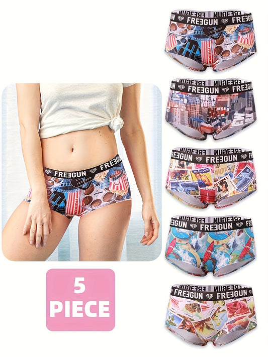 5pcs Soft & Comfortable Cartoon Print Boy Shorts - Women's Lingerie & Underwear with Cute Designs, Breathable Fabric, and Relaxing Fit for Everyday Wear
