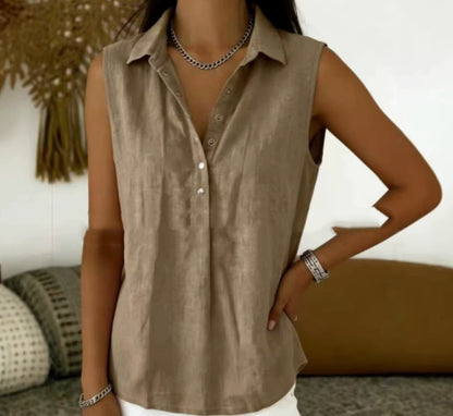 Womens Loose Comfortable Collared Sleeveless Solid-Color Shirt