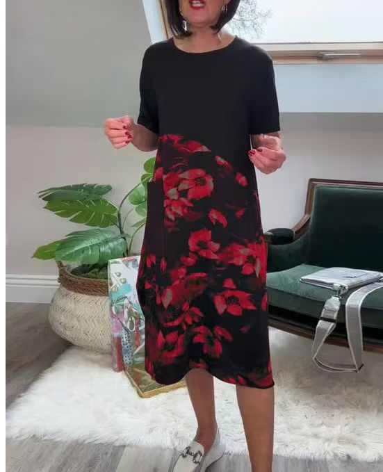 European And American Style Fashionable Patchwork Printed Crew-Neck Midi Dress