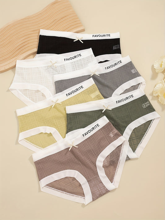 6pcs Letter Print Mesh Briefs, Comfy & Breathable Bow Tie Intimates Panties, Women's Lingerie & Underwear