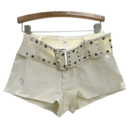 Women's Rose Embellished Rivet Belt Hot Pants