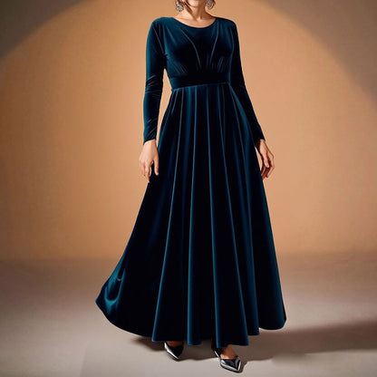Women's Elegant Velvet Pleated Long Sleeve Cocktail Party Formal Wedding Guest A-Line Maxi Long Dress