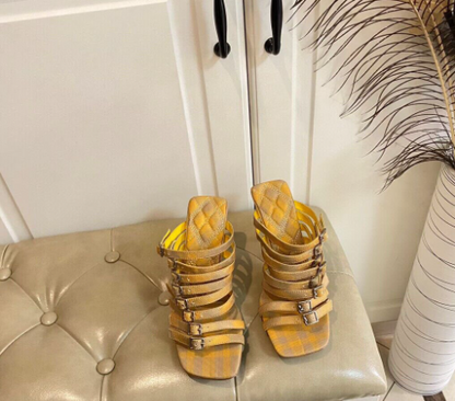 Summer Sexy Women's Belt Buckle Sandals Wild Sexy Ladies Furry Fur Slippers Brand Women's High Heels Dress Sandals