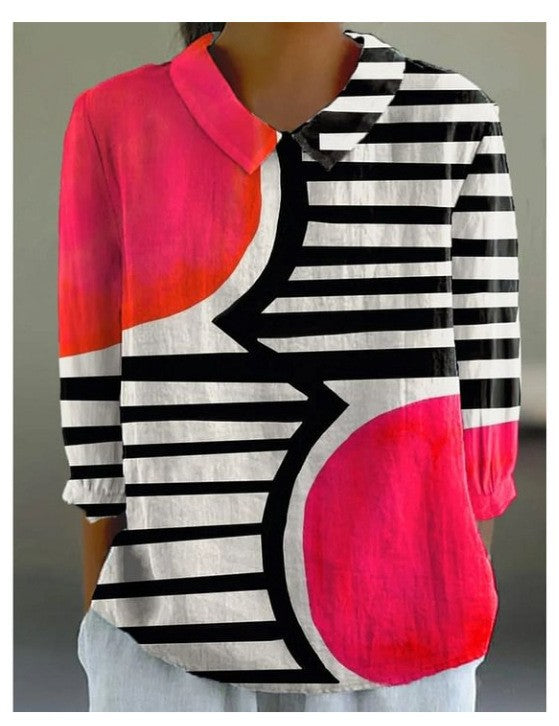 European And American Style Long-Sleeve Chinese-Style Bamboo-Stripe Linen Lapel Printed Fashionable All-Match Shirt
