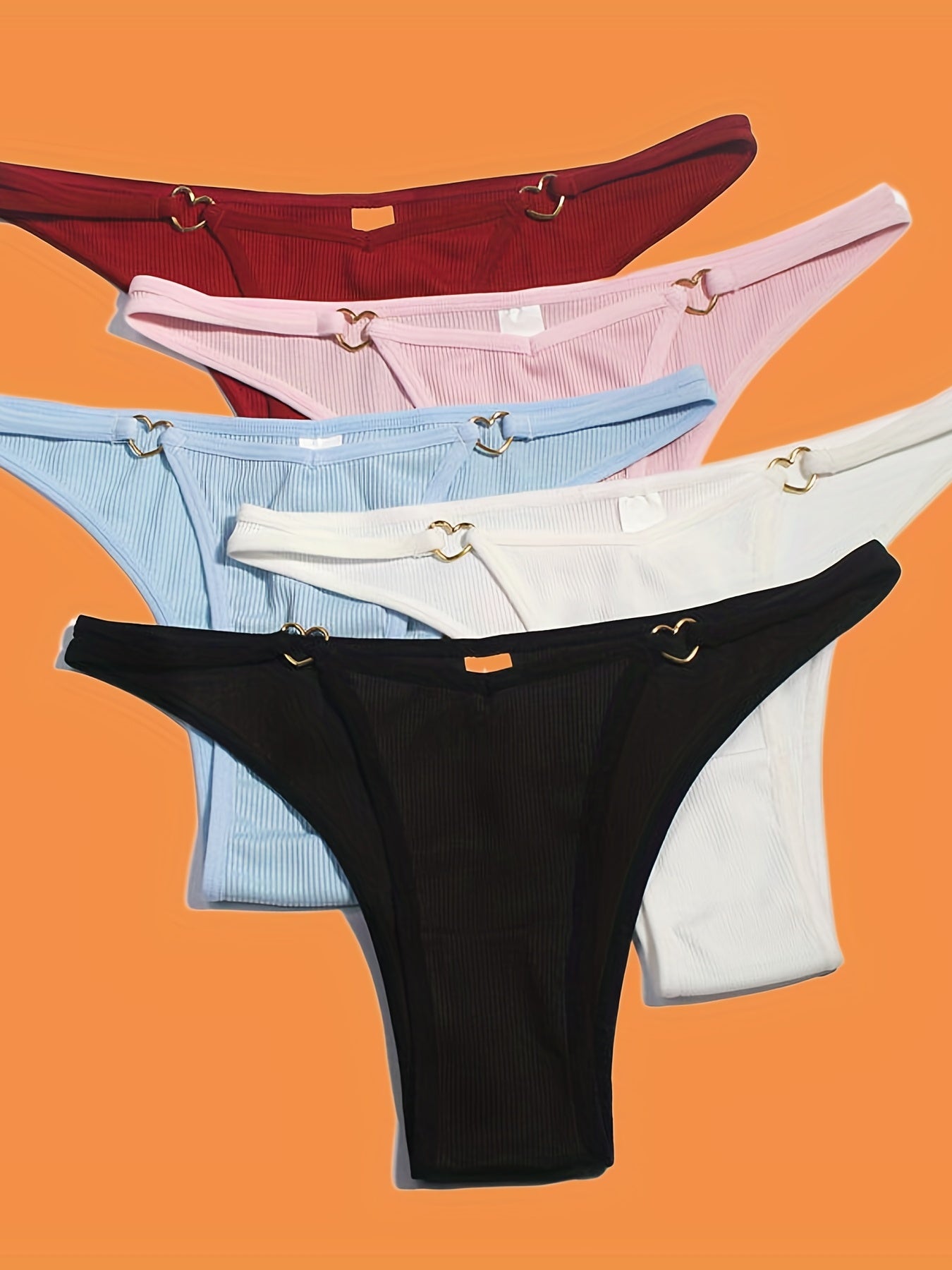 5pcs Solid Ribbed Panties, Soft & Comfy Heart Ring Linked Panties, Women's Lingerie & Underwear
