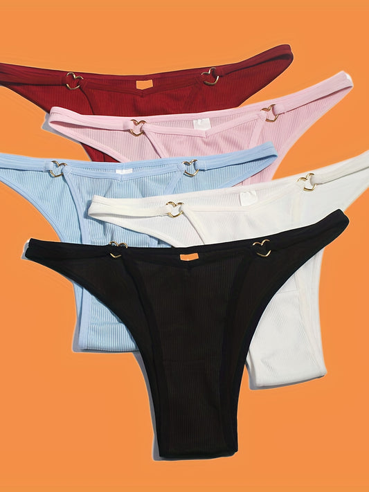 5pcs Solid Ribbed Panties, Soft & Comfy Heart Ring Linked Panties, Women's Lingerie & Underwear