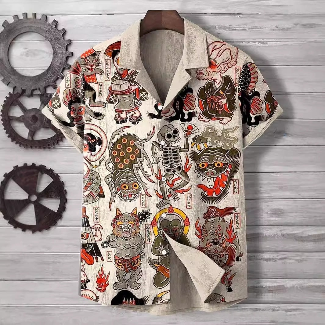 Comfortable Four-Way Stretch Wave-Print Short-Sleeve Cuban-Neck Shirt