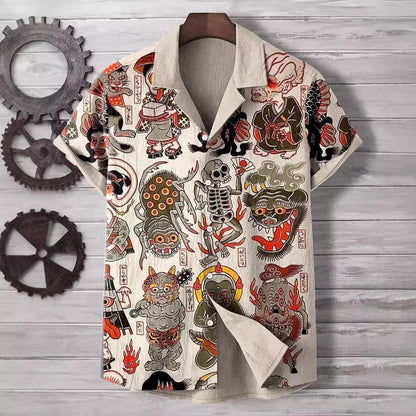 Comfortable Four-Way Stretch Wave-Print Short-Sleeve Cuban-Neck Shirt
