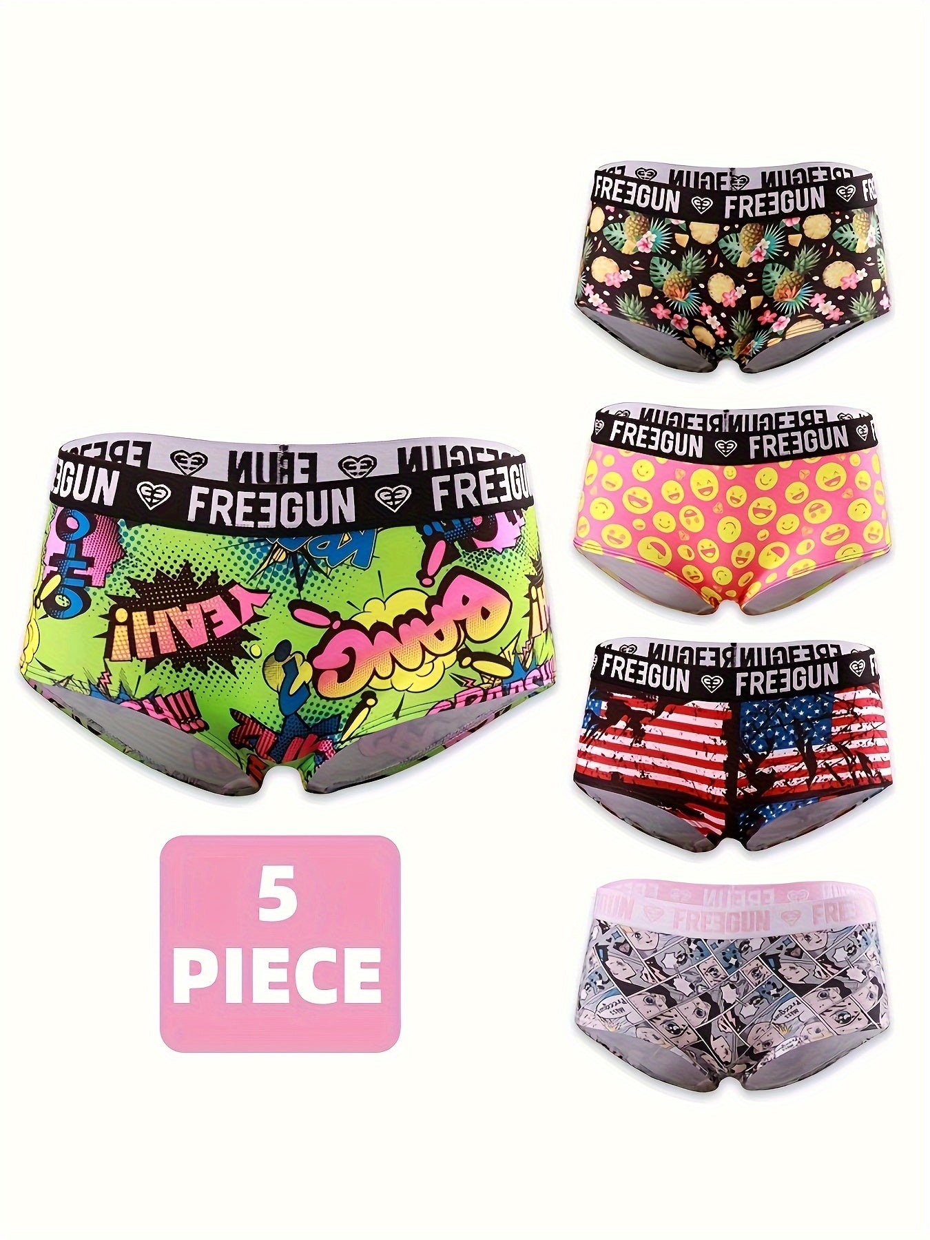 5pcs Soft & Comfortable Cartoon Print Boy Shorts - Women's Lingerie & Underwear with Cute Designs, Breathable Fabric, and Relaxing Fit for Everyday Wear