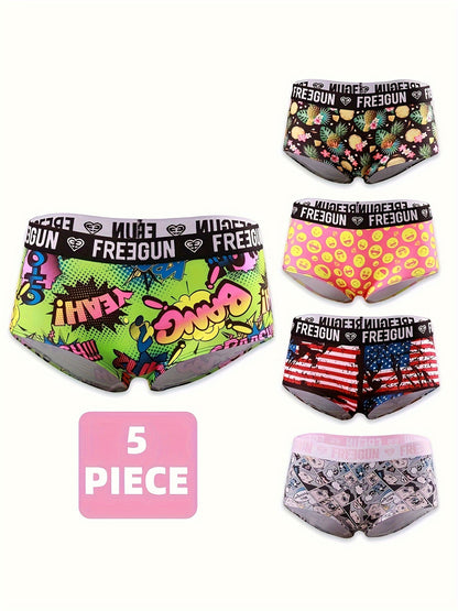 5pcs Soft & Comfortable Cartoon Print Boy Shorts - Women's Lingerie & Underwear with Cute Designs, Breathable Fabric, and Relaxing Fit for Everyday Wear