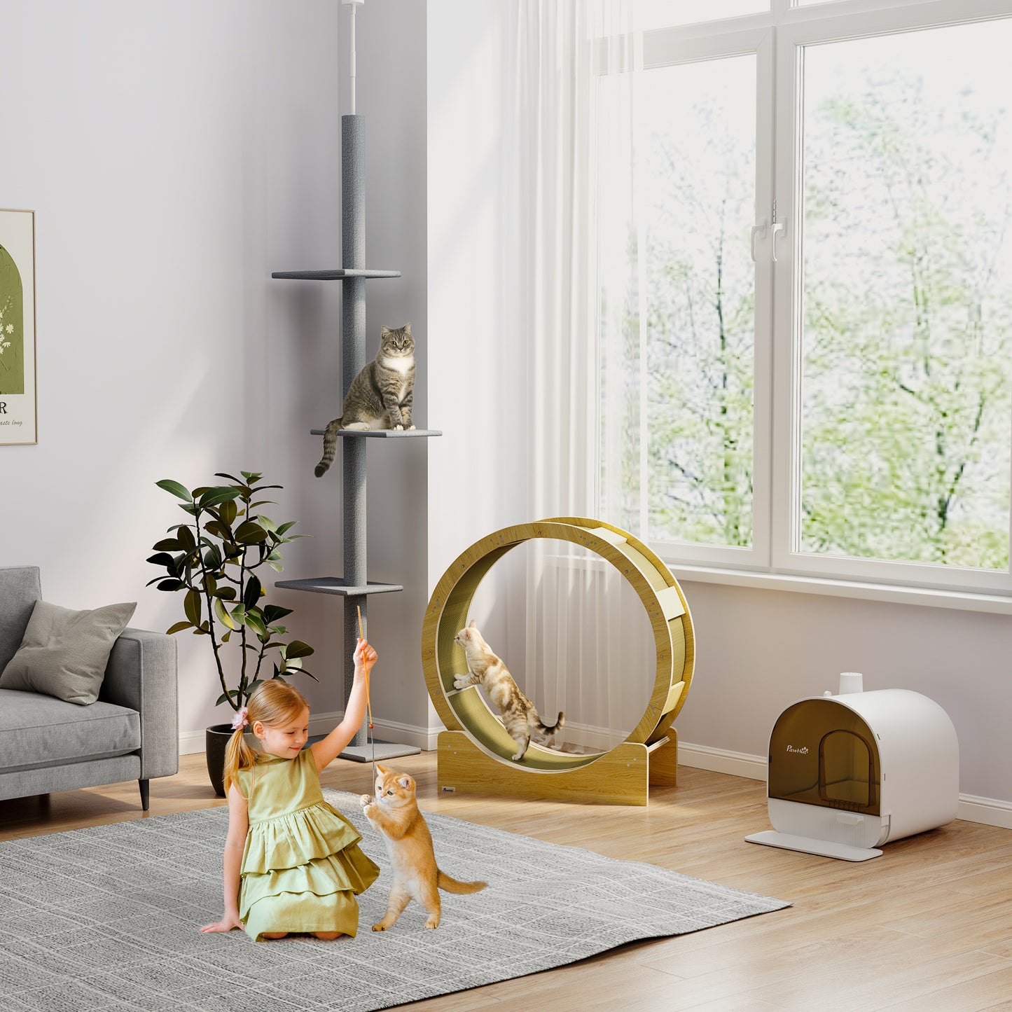 Floor-to-Ceiling Cat Tree Cat Climbing Tower with Sisal-Covered Scratching Posts Natural Cat Tree Activity Center for kittens Cat tower furniture, Grey