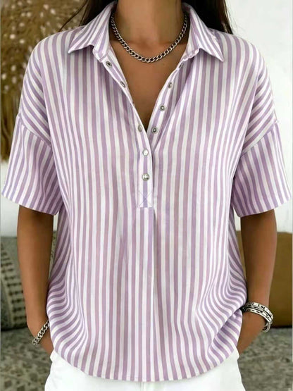 Women's Fashion Casual Striped Short-Sleeve Shirt With Lapel Collar