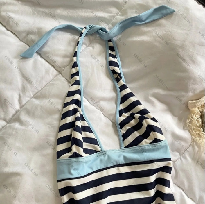 Striped Triangle Cup Bra Set Simple and Versatile with Padded Fixed Cup Backless Underwear for Women