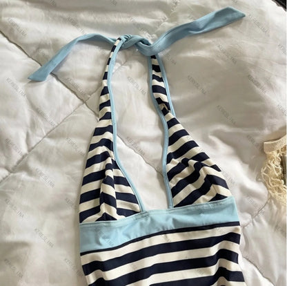 Striped Triangle Cup Bra Set Simple and Versatile with Padded Fixed Cup Backless Underwear for Women