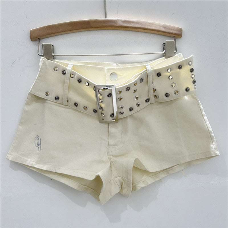 Women's Rose Embellished Rivet Belt Hot Pants