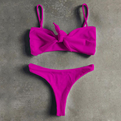 Pure Color Bikini Strap And Bow Split Swimsuit