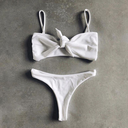 Pure Color Bikini Strap And Bow Split Swimsuit