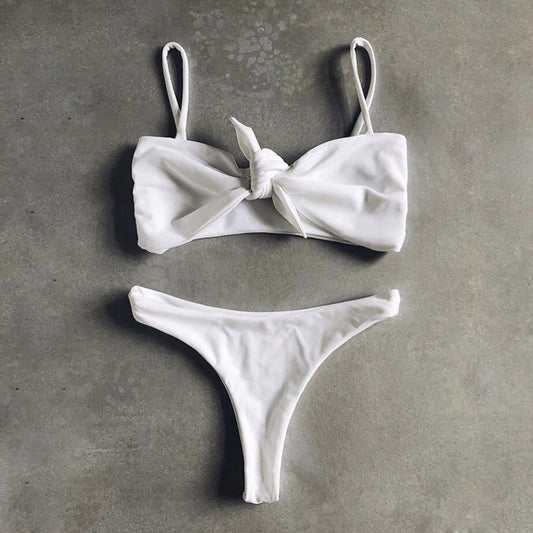 Pure Color Bikini Strap And Bow Split Swimsuit