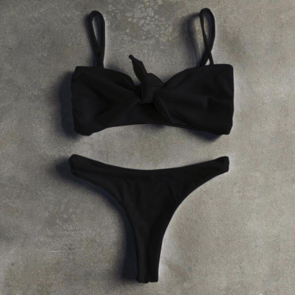 Pure Color Bikini Strap And Bow Split Swimsuit