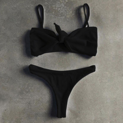 Pure Color Bikini Strap And Bow Split Swimsuit