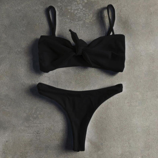 Pure Color Bikini Strap And Bow Split Swimsuit