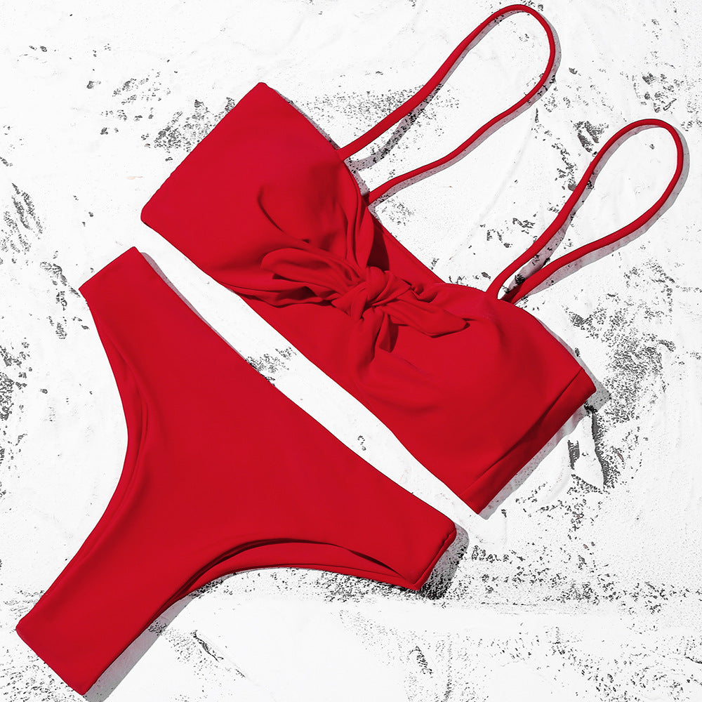 Pure Color Bikini Strap And Bow Split Swimsuit