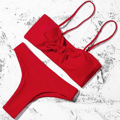 Pure Color Bikini Strap And Bow Split Swimsuit