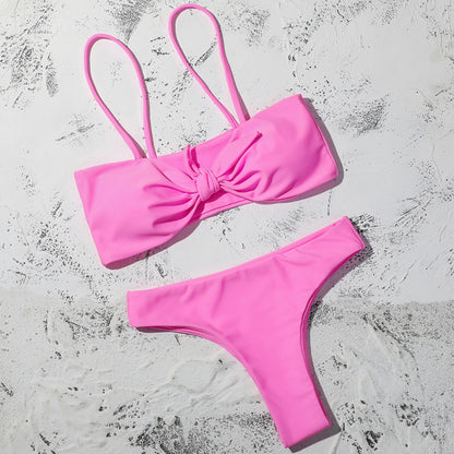 Pure Color Bikini Strap And Bow Split Swimsuit