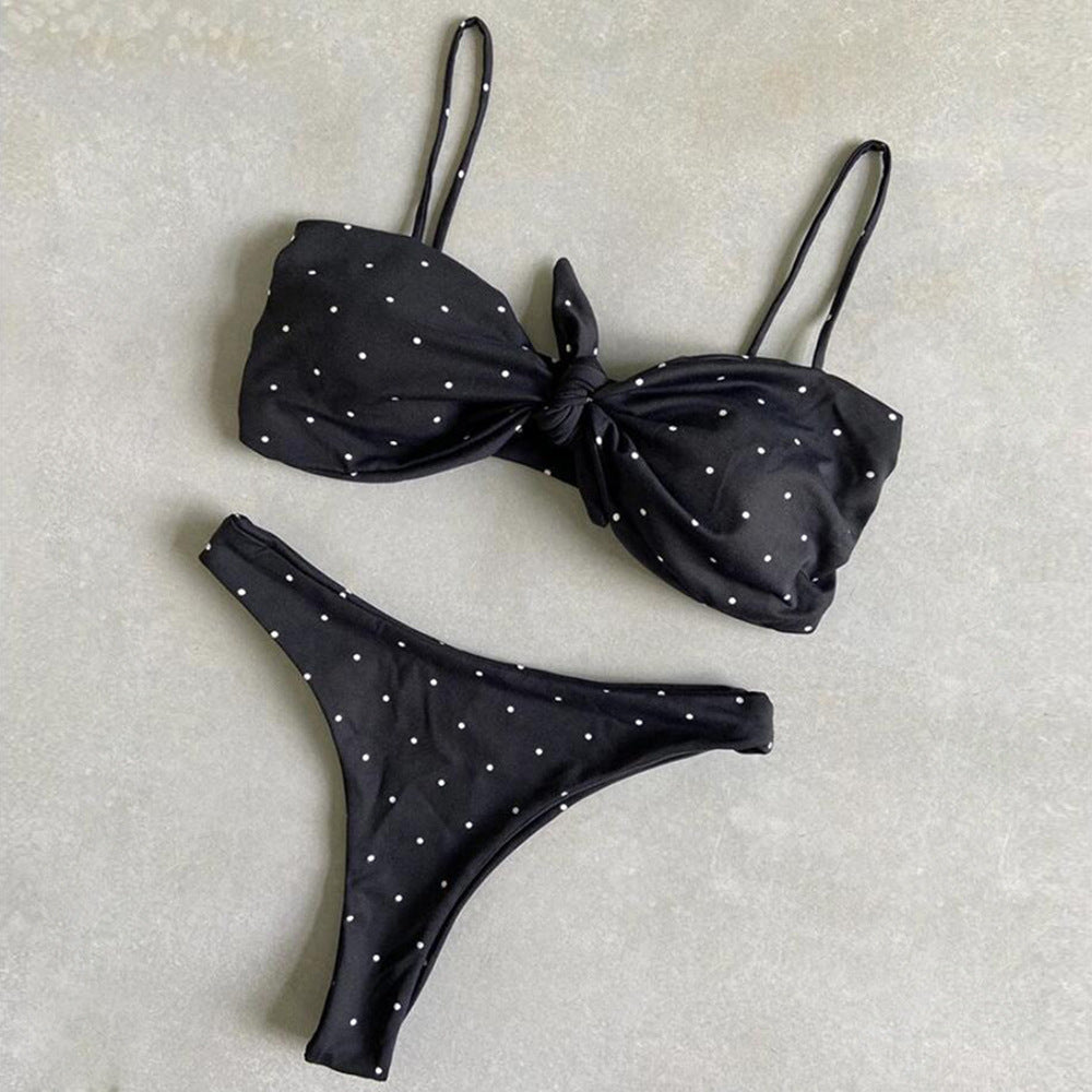 Pure Color Bikini Strap And Bow Split Swimsuit