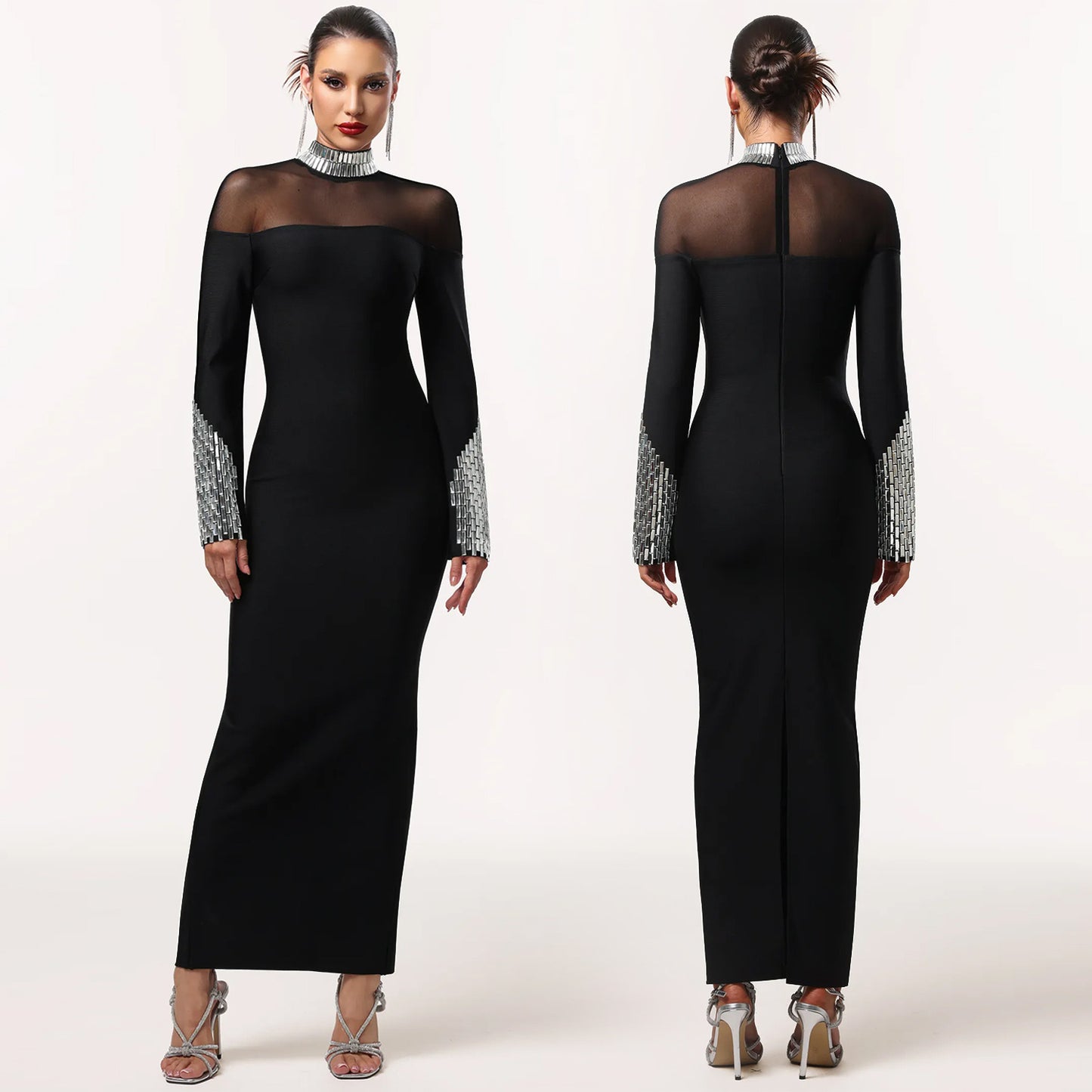 Elegant High Neck Long Sleeve Fitted Sequined Dress for Women