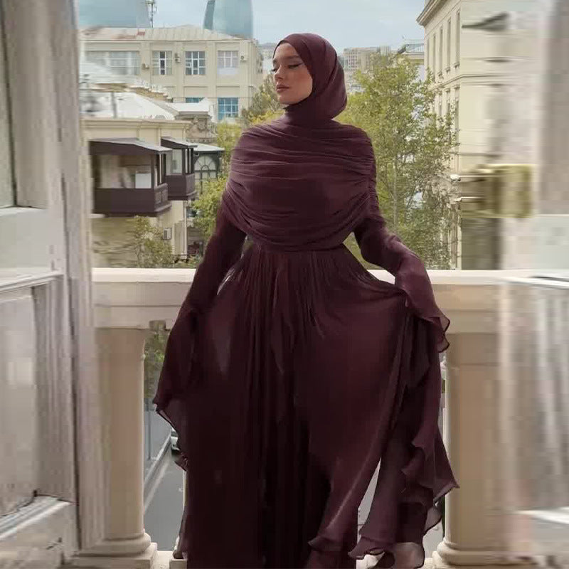 Womens Irregular Pleated Ruffle Red Elegant Long Dress