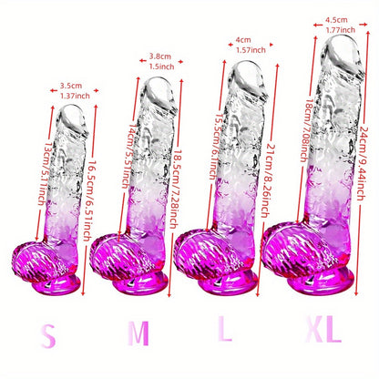 Four Sizes Graduated Color Penis Self-Pleasure Rods with Suction Crystal Transparent Dildo for Adult Use - No Battery, Wireless, and No Power Required