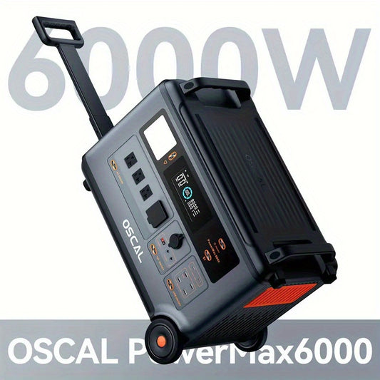 OSCAL PowerMax 6000 (Surge 12000W) Portable power station, 3600Wh LiFePO4 expandable solar generator with 4 AC sockets, 1.2 hours full charge, 10 ms UPS, suitable for home emergency, outdoor camping, road trips