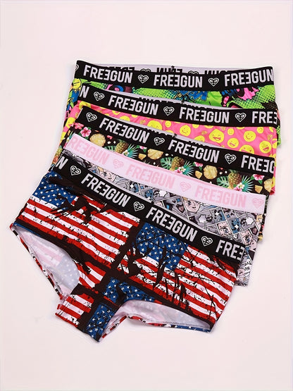 5pcs Soft & Comfortable Cartoon Print Boy Shorts - Women's Lingerie & Underwear with Cute Designs, Breathable Fabric, and Relaxing Fit for Everyday Wear
