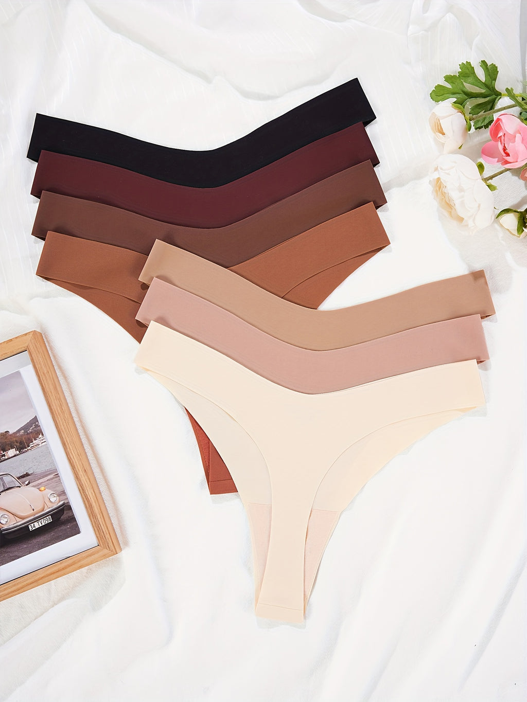 7pcs Seamless Solid Thongs, Soft & Comfy Stretchy Intimates Panties, Women's Lingerie & Underwear