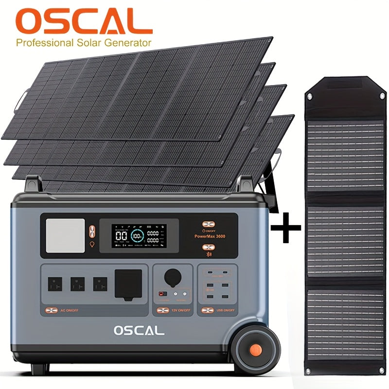 OSCAL PowerMax 3600 Solar Generator with 4x400W Solar Panels & 30W Panel - 3600Wh/3600W Power Station, 7200W Peak Output, 1.2H Backup, App Control, Portable AC Power for home, RV, Off-Grid - Heavy-Duty for home, Camping, Emer